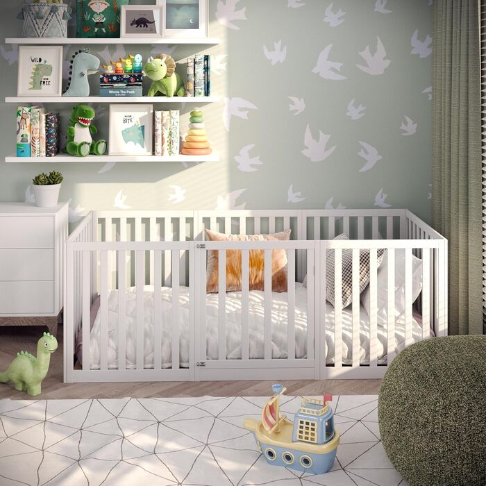 Дитяче ліжко CADANI Teso 90x200 см Ліжко-ліжко Монтессорі з дверцятами та захистом від падіння, 6 варіантів складання, масив сосни білого кольору, можна використовувати як манеж, вкл. рейкову основу 90 x 200 см білого кольору з дверцятами