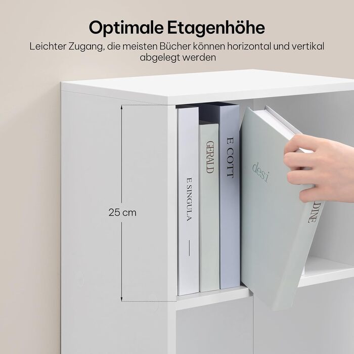 Біла книжкова полиця eSituro, вузька полиця з дверцятами, 5 відділень, окремостояча кубічна полиця для вітальні, спальні, офісу, 5 відділень, біла