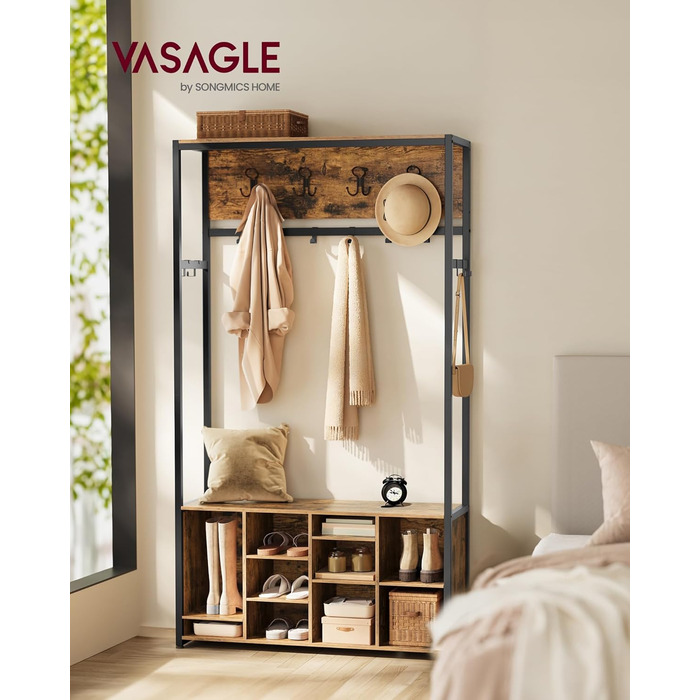 Вішалка для одягу, Шафа, Меблі для передпокою з полицею для взуття, Відкриті відділення, Гачки для одягу, Регульовані полиці, Індустріальний стиль, для передпокою, вхідної зони, Вінтажний коричневий-чорний HSR432K01 Вінтажний коричневий чорнильний