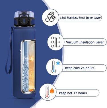 Термос 1 л, герметичний термос, ізольована пляшка без бісфенолу А, пляшка з нержавіючої сталі для спорту, школи, фітнесу, активного відпочинку, кемпінгу, 1000 мл, темно-синій