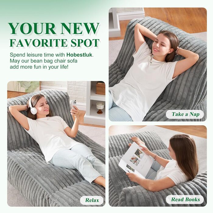 Крісла-шезлонги Hobestluk Big Bean Bag Lounger, велике крісло-мішок для дорослих, диван-мішок з наповнювачем з піни з ефектом пам&39яті для вітальні, спальні або балкону (сіра смужка), сірий