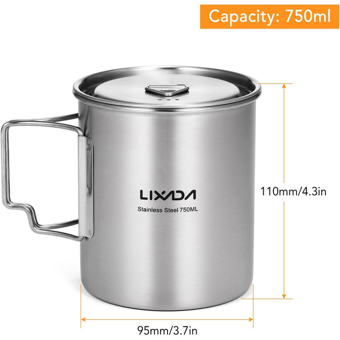 Кемпінговий горщик Lixada з нержавіючої сталі, чашка 750 мл зі складними ручками та кришкою, відкритий горщик для кемпінгу, походів, приготування їжі на пікніку, срібний - Кемпінговий горщик