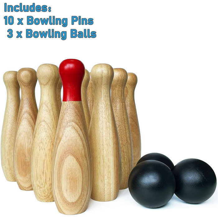 Дерев&39яний набір для боулінгу, газон, тверда деревина, 10 кеглей та 3 кулі в сумці для перенесення (висота 23 см, натуральний колір) Висота 23 см, натуральний колір