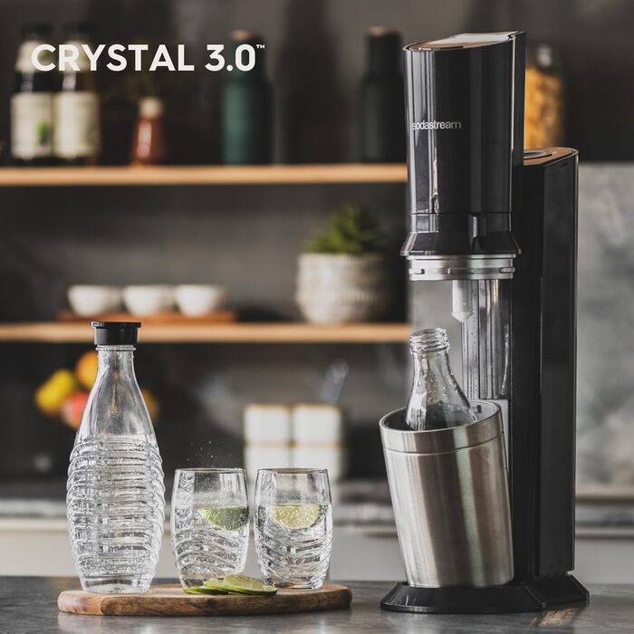 Виробник газованої води SodaStream Crystal 3.0 Quick-Connect CO2 балон і скляний графин, срібло, чорний/титан, 45 см з 1 пляшкою та балоном CO2