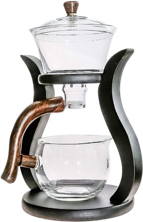 Набір для чаювання RORA скляний чайник з автоматичним обертанням, дерев'яний корпус та 6 чашок (чайник без чашок у комплекті)