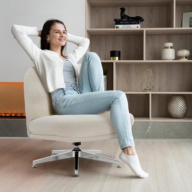 Офісне крісло IWMH без підлокітників, крісло для вітальні зі схрещеними ніжками, ергономічне поворотне крісло з надзвичайно великою тканинною подушкою, письмове крісло для домашнього офісу, туалетний столик, спальня (біле)