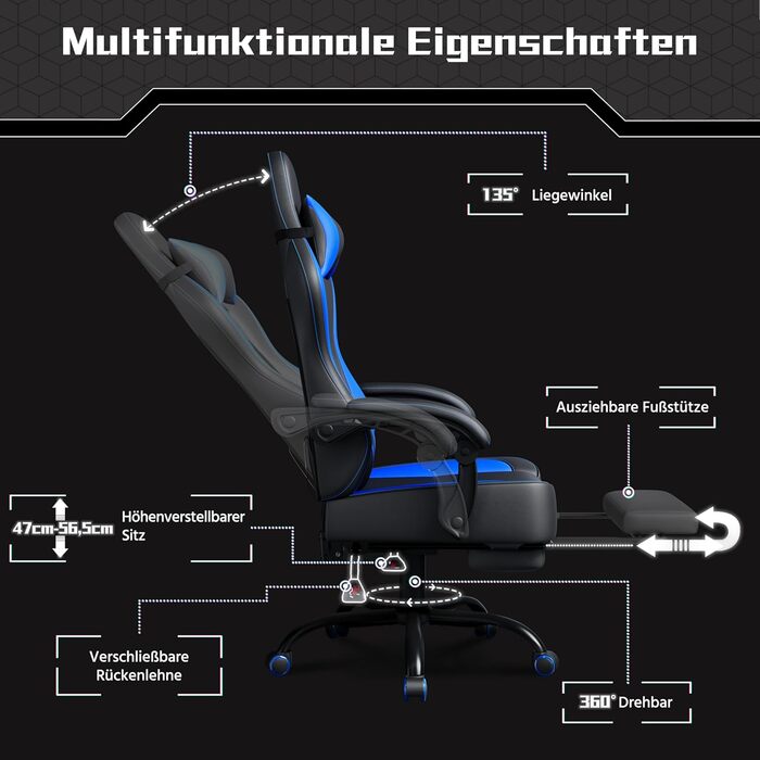 Ігрове крісло Yaheetech, ергономічне ігрове крісло з функцією масажу та висувною підставкою для ніг, регульована спинка, регульована висота, комп&39ютерне крісло, обертове крісло (чорно-синє)