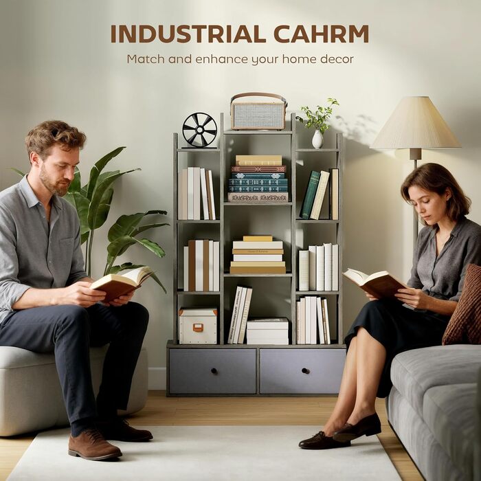 Книжкова полиця HOMCOM Tree, 12-ярусна підлогова книжкова шафа з 2 складними шухлядами, окремостояча книжкова полиця для зберігання речей, вітальні, домашнього офісу, спальні, графітовий ефект дерева