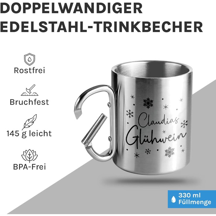 Персоналізована кружка для глінтвейну Кухоль з нержавіючої сталі з карабіном Ідея подарунка 330 мл Кухоль Для кемпінгу Ключки Срібний без кришки