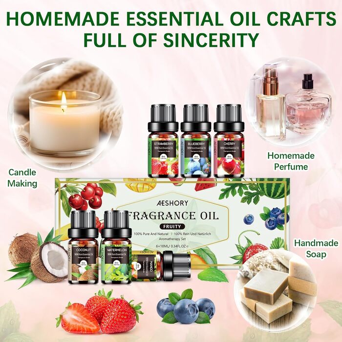 Набір фруктових ефірних олій AESHORY для дифузора 6 x 10 мл, подарунковий набір ароматичних олій для ароматерапії, 100 чиста натуральна ароматична олія для зволожувача повітря - полуниця, чорниця, вишня, кокос, кавун, манго