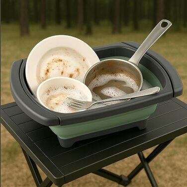 Складана раковина Tool & Tree зеленого кольору Кемпінгова раковина зі зливом, нековзними ніжками та висувними ручками Компактна, міцна раковина для використання на свіжому повітрі, подорожей, кухні для автофургонів та кемпінгу