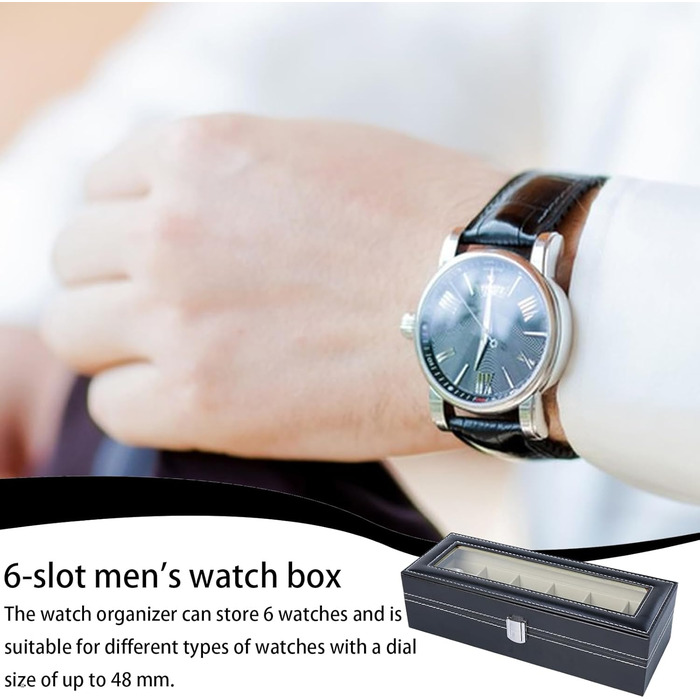 Звичайний чохол для годинника шкіра штучна, 30 x 11 x 8 см Водонепроникний чоловічий органайзер із 6 відділеннями, мяка підкладка, знімна подушечка для годинника, дорожній чохол