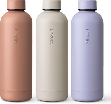 Пляшка для води Vinsun з нержавіючої сталі, бежева, 500 мл - герметична, підходить для газованих напоїв, без BPA - з подвійною стінкою, ізольована - термопляшка для спорту, активного відпочинку, школи, університету, спортзалу, кемпінгу, 500 мл бежевого ко