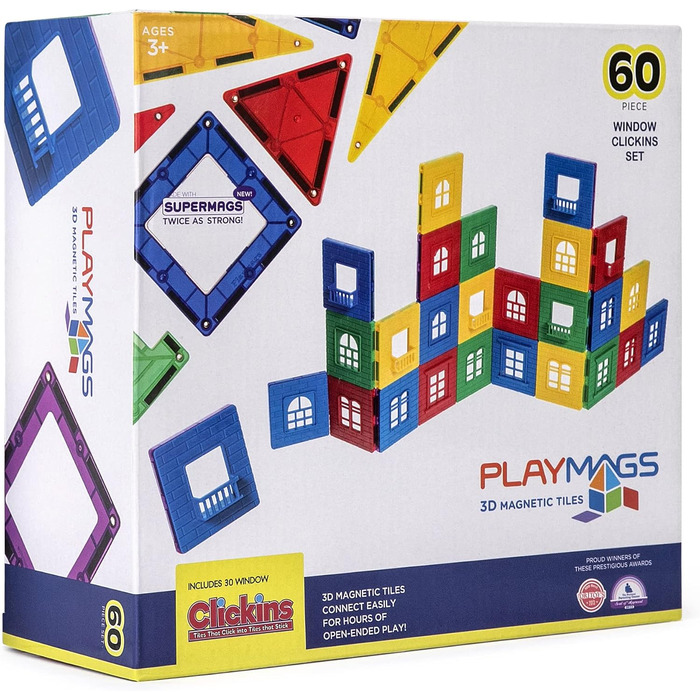 Магнітний конструктор Playmags 3D (60 деталей) набір для будівництва з 30 віконними рамами та 30 вставками STEM-іграшка для розвитку творчості та мозкової діяльності