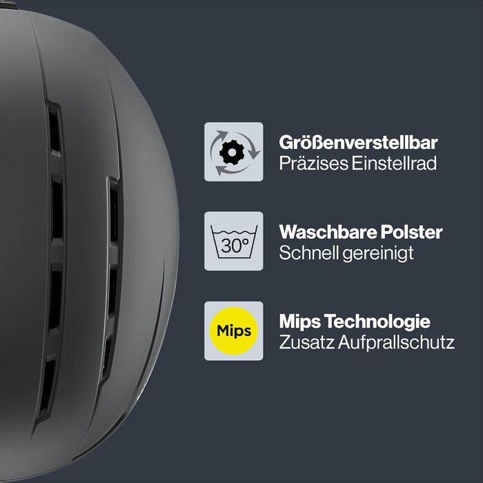 Міцний лижний шолом для чоловіків та жінок - індивідуальне регулювання розміру - оптимізована вентиляція, чорний матовий, 54-58 см