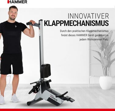 Гребний тренажер HAMMER Pro Force - компактний, легкий та високоефективний кардіотренажер з 20 програмами тренувань та тримачем для планшета, вага користувача до 120 кг