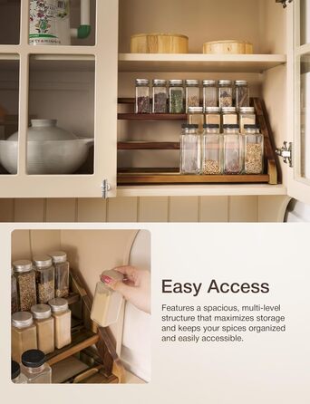 Стійка для спецій Tinamo з акації, 3-рівнева підставка для спецій для стільниці або шафи, кухонний органайзер для спецій та полиця для органайзера для спецій (горіх)