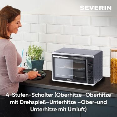 Духова шафа SEVERIN з функцією конвекції, міні-піч з решіткою для гриля, деком для випікання, грилем і каменем для піци, універсальна конвекційна піч ємністю 42 л, 1 800 Вт, чорна, TO 2058 42 л з практичним грилем і каменем для піци