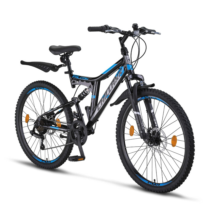 Гірський велосипед Chillaxx Bike Falcon преміум-класу розміром 24, 26, 27,5 та 29 дюймів - Велосипед для хлопчиків, дівчаток, жінок та чоловіків - Дискові гальма - 21 швидкість - Повнопідвіска 26 дюймів Чорно-синій Дискові гальма