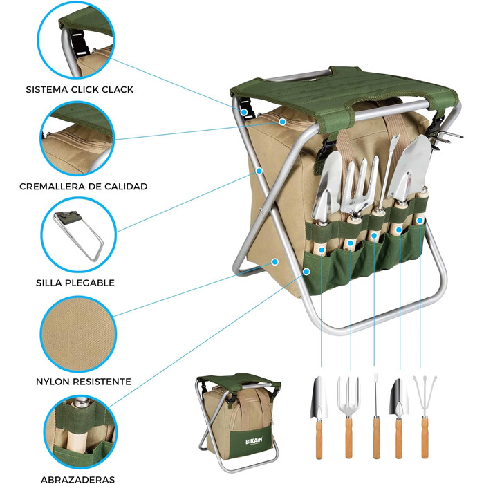 Складаний садовий табурет BIKAIN набір інструментів сумка для зберігання на блискавці включає 5 інструментів з деревяними ручками, коричневий