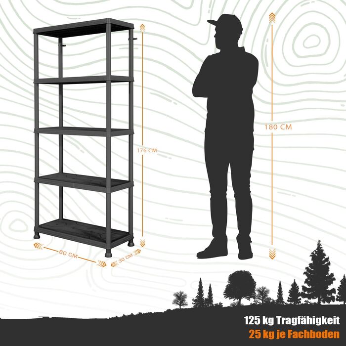 Пластиковий стелаж, шириною 60 см або 74 см, для комори та складського приміщення, кухня, вантажопідйомність 100 кг, 4 полиці, вузька полиця для підвалу чорного кольору (1, 5 полиць), 5 полиць