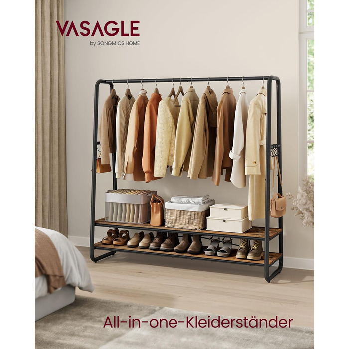 Вішалка для одягу, вішалка для пальто, шафа, 2 полиці, 6 S-подібних гачків, сталевий каркас, 45 x 138 x 160 см, для спальні, коридору, передпокою, вінтажний коричнево-чорний RGR119B01 138B см Вінтажний коричневий чорний