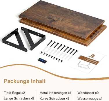 Плаваюча полиця, глибина 20 см, настінна полиця шириною 40 см, комплект із 2 настінних полиць з металевими кронштейнами, книжкова полиця з ДСП для ванної кімнати, вітальні, кухні, вінтажно-коричневий колір, 40 x 20 x 12,5 см