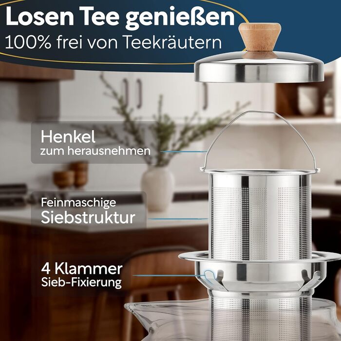 Чайник скляний з ситечком 1,5 літри, потовщене скло для кращої термоізоляції, підходить для використання зі свічковим підігрівачем, термочайник, міцний чайник для заварювання (1500 мл)