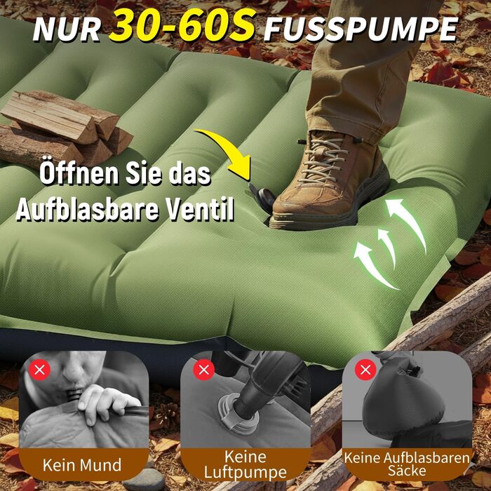 Килимок для сну для кемпінгу, потовщений надувний матрац 12 см для кемпінгу, надувний матрац з ножним насосом та подушкою, надлегкий килимок для сну на відкритому повітрі для походів, пляжу, подорожей, зелений намет