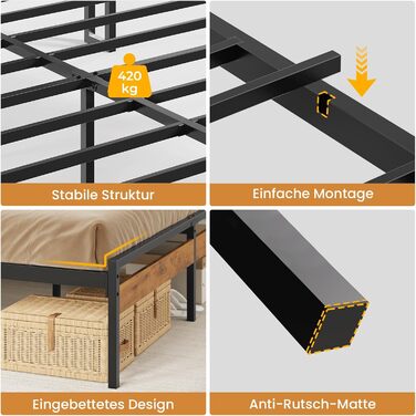 Ліжко AOGLLATI каркас 140x200 зі світлодіодним освітленням та функцією заряджання через USB, металевий каркас ліжка з узголів&39ям для зберігання речей, м&39яке узголів&39я, дитяче ліжко, двоспальне ліжко з рейковою основою (140 x 200 см)