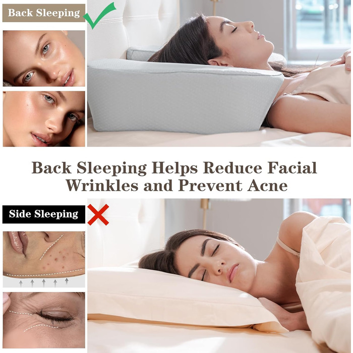 Подушка HOMCA для сну на спині, косметична подушка проти старіння, косметична подушка з піни з ефектом пам&39яті, проти зморшок, підтримує голову та шию, знімна, чохол, який можна прати, сірий