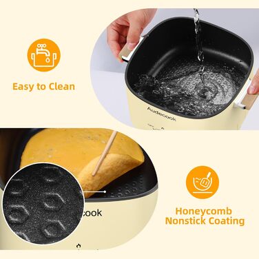 Електрична гаряча каструля Audecook, портативна мультиварка 2,5 л для 1-3 осіб, антипригарне покриття з текстурою бджолиних сот, електрична туристична сковорода вок для стейка/локшини/супу/яйця (бежева)