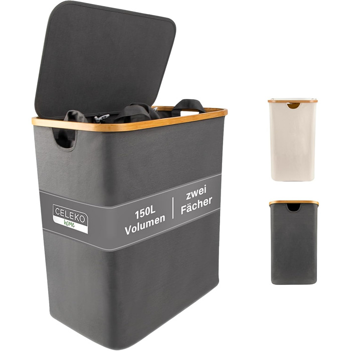 Кошик для білизни з 1 кришкою 2 відділення 150 л Бамбукова тканина Сірий Великий XXL - Кошик для білизни Сірий Темно-сірий Антраци