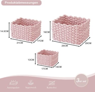 Бавовняний кошик для зберігання, набір з 3 шт. - Плетений кошик-органайзер для шафи, ванної кімнати, кухні - Зберігання для дрібних побутових речей (світло-рожевий)