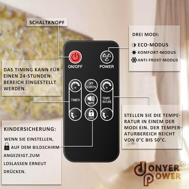 Конвекторний обігрівач DONYER POWER 1500 Вт, ультратонкий настінний або окремостоячий, 24-годинний таймер з дистанційним керуванням, чорна скляна панель, 1,5 кВт, чорний