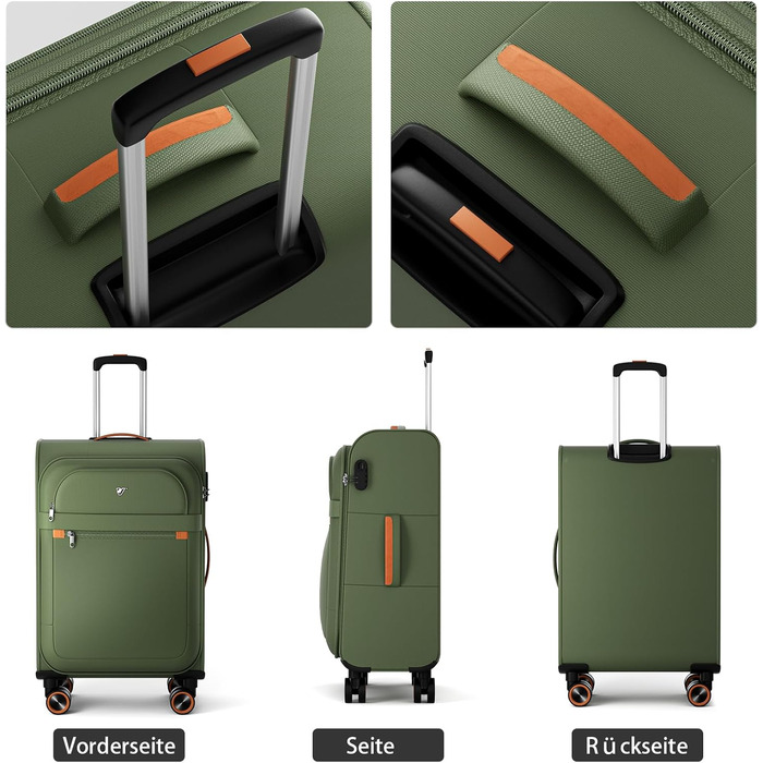 Середня валіза з м&39якими стінками 66x44x28 см - Тканинна валіза на візках - Легка дорожня валіза з 4 колесами та кодовим замком, ручна поклажа, 77 літрів, зелена