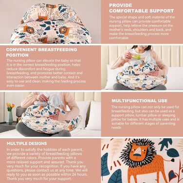 Подушка для годування, подушка для вагітних, багатофункціональна подушка для годування материнства з регульованим поясним ременем та захисними поручнями, чохол зі 100 бавовни (лев)
