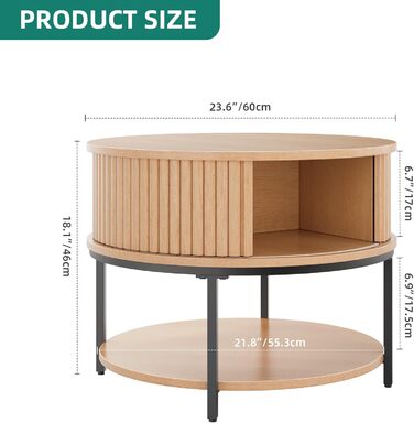 Круглий журнальний столик YITAHOME, журнальний столик з 2-рівневим місцем для зберігання, журнальні столики з розсувними дверима в дизайні тамбура для вітальні, дерев&39яні журнальні столики, дуб класичний