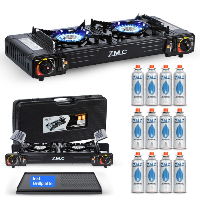 Туристична плита ZMC Premium з 2 конфорками, 2,5 кВт, п&39єзоелектричним запалюванням та футляром для перенесення Подвійна газова плита для використання на вулиці, балконі та в приміщенні Комплект газової плити (додатково) включає пластину для гриля 45x24