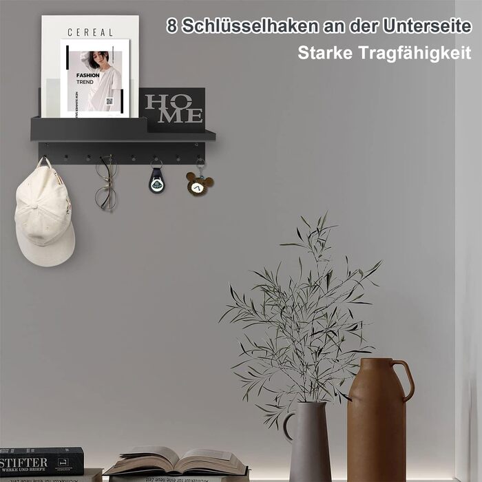 Ключниця VOIMO з полицею, сучасний настінний органайзер для ключів з тримачем, ключниця на 8 гачків з настінним органайзером та ло