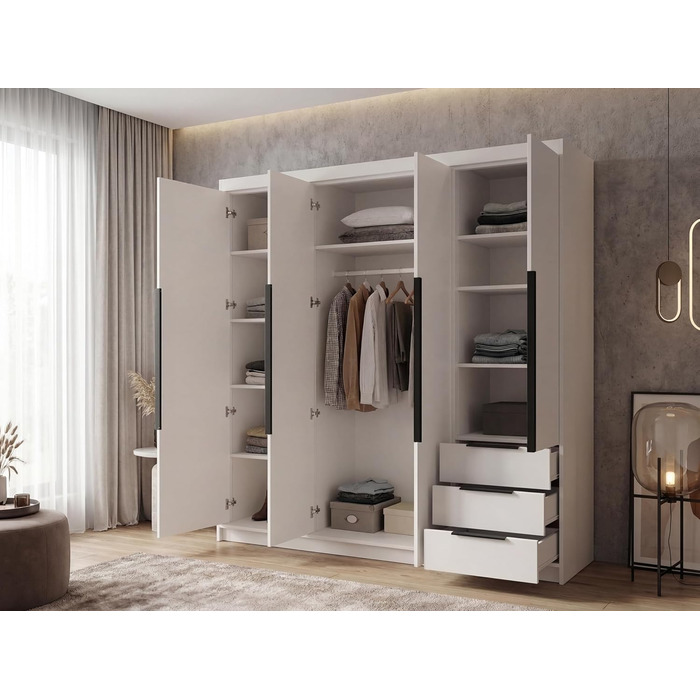 Шафа, 4-дверна з 3 шухлядами 200 x 215 см Шафа з відкидними дверима, рейкою для одягу та полицями, колір K. білий/T. sonoma/S. sonoma