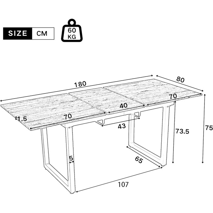Розсувний обідній стіл Merax з металевими ніжками, прямокутний кухонний стіл для вітальні та їдальні, білий 140/180 x 80 x 75 см (розкладний) білий