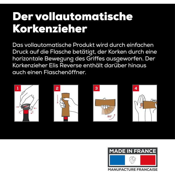 Електричний штопор Peugeot Elis Reverse 21 см, чорний I акумуляторний, електричний винний штопор з PEFC Бук I Набір відкривачів для вина з різаком для капсул і зарядним кабелем I Аксесуари для вина