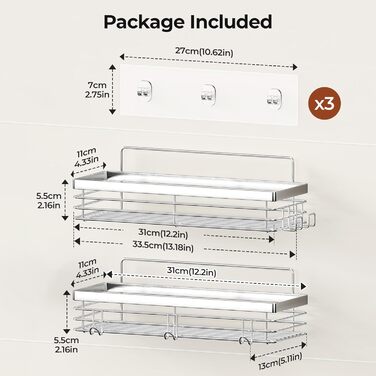 Полиця для душу Orimade без свердління - Душова полиця з 5 гачками, полиця для ванної кімнати без свердління, нержавіюча сталь, 2 шт., 01-Сріблястий