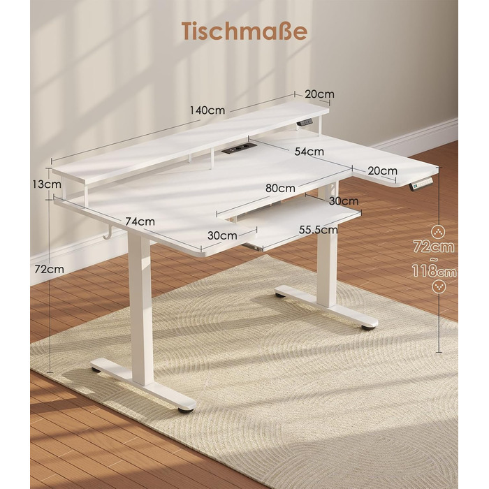 Подібний стіл OffiGo з регульованою висотою, електричний стіл для роботи сидячи/стоячи 140 см з підставкою для монітора, розетками та портом заряджання USB, стіл для роботи стоячи зі світлодіодним підсвічуванням, комп&39ютерний стіл для домашнього офісу, 