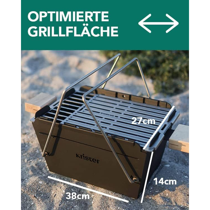 Портативний вугільний гриль Knister Ідеально підходить як кемпінговий гриль та вогнище Для 2-6 осіб З міцною решіткою з нержавіючої сталі та виготовлено в Німеччині Чорний