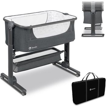 Дитяче ліжечко Lionelo Timon для подорожей, підходить для дітей від народження до 9 кг, з 6-рівневою функцією нахилу, зсувною бічною панеллю, сумкою для перенесення, складною, сірого кольору