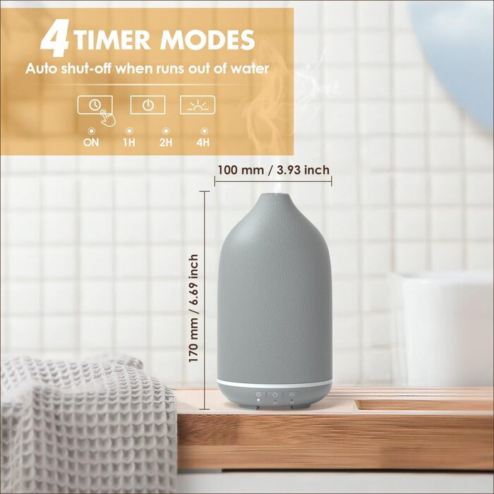 Аромадифузор SALKING, сірий керамічний дифузор для ефірних олій, ароматерапевтичний дифузор без бісфенолу А з регульованим режимом туману, ароматична лампа з автоматичним вимкненням для домашнього офісу йоги 150 мл