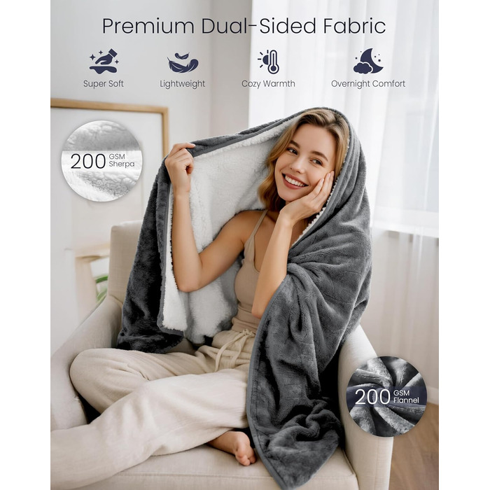 Ковдра з підігрівом anysun, нагрівальні подушечки 200x180 см, ковдра з підігрівом та автоматичним вимкненням, 6 налаштувань нагріву, 10-годинний таймер, електрична ковдра з підігрівом та захистом від перегріву для ліжка, дивана, можна прати в пральній маш