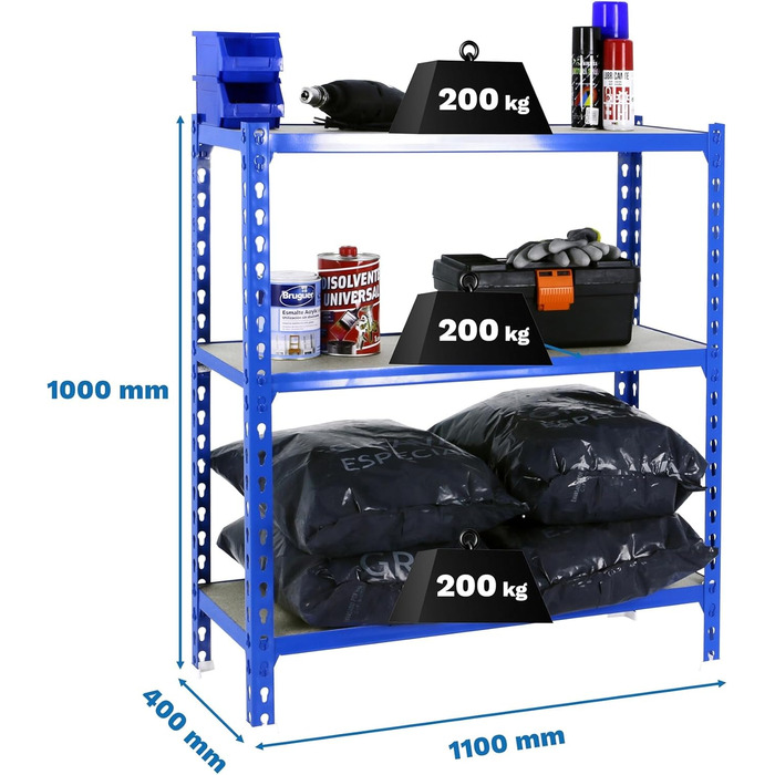 Стелаж Simon Rack для важких умов експлуатації, 1000x1100x400 мм, вантажопідйомність до 200 кг, 3 регульовані полиці, панелі МДФ, підвальний стелаж, стелаж для зберігання, синій/дерев&39яний - Simonclick синій/дерев&39яний 1000x1100x400